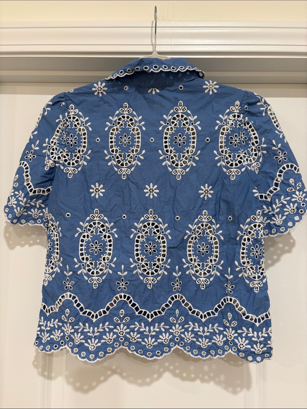 Sezane Blue Eyelet Embroidered Short-Sleeve Button-Up Blouse - Picture 3 of 3